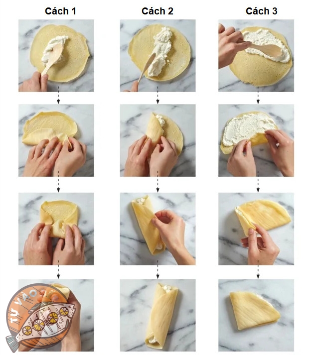 3 cách cuốn bánh: hình gối, gói nem và tam giác 