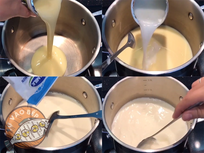 Lần lượt cho sữa đặc, sữa tươi, sữa chua dẫn để tạo hỗn hợp sữa chua