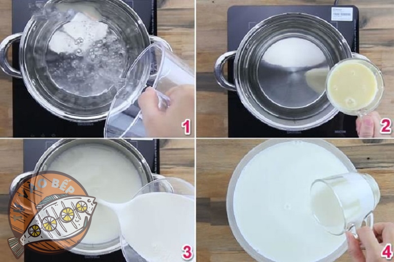 Cho sữa tươi và sữa đặc cùng ít nước sôi hòa trộn với nhau nấu đến 85 độ C