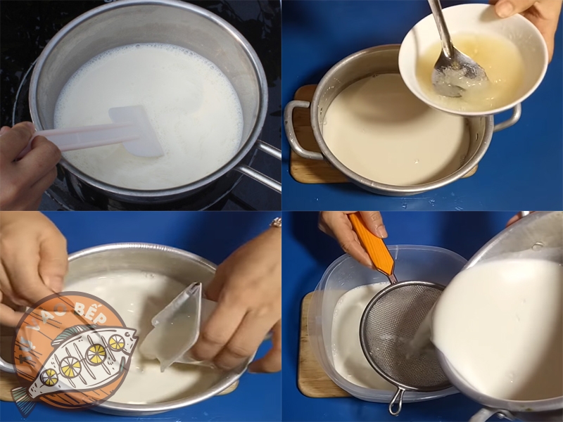 Đổ sữa đặc. sữa tươi, sữa chua cái vào để tạo thành hỗn hợp sữa chua